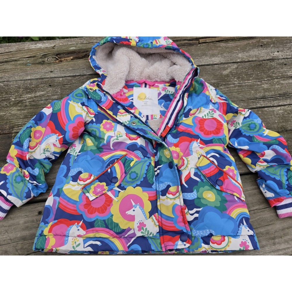 Mini Boden Girls 4-5Y Unicorn Rainbow Floral Sherpa Lined Hooded Winter Coat
